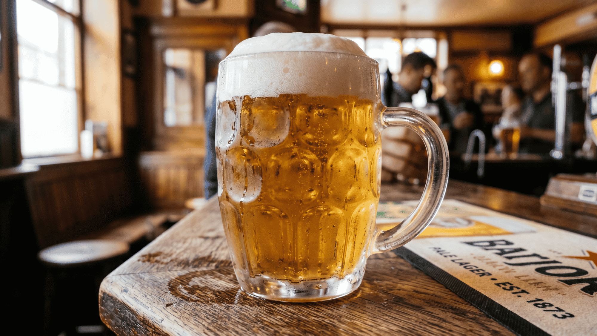 Foamy lager beer mug on wooden bar counter in traditional pub setting