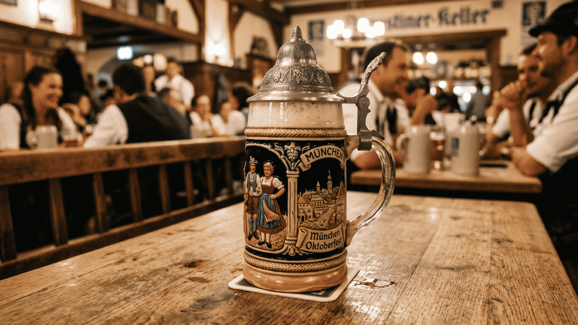 German beer stein mug with lid and foam served in lively beer hall