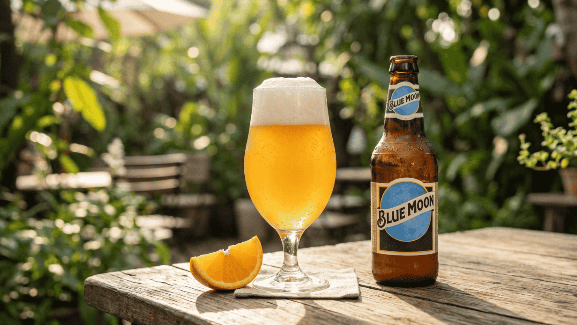 Blue Moon bottle and tulip glass with orange slice on outdoor café table