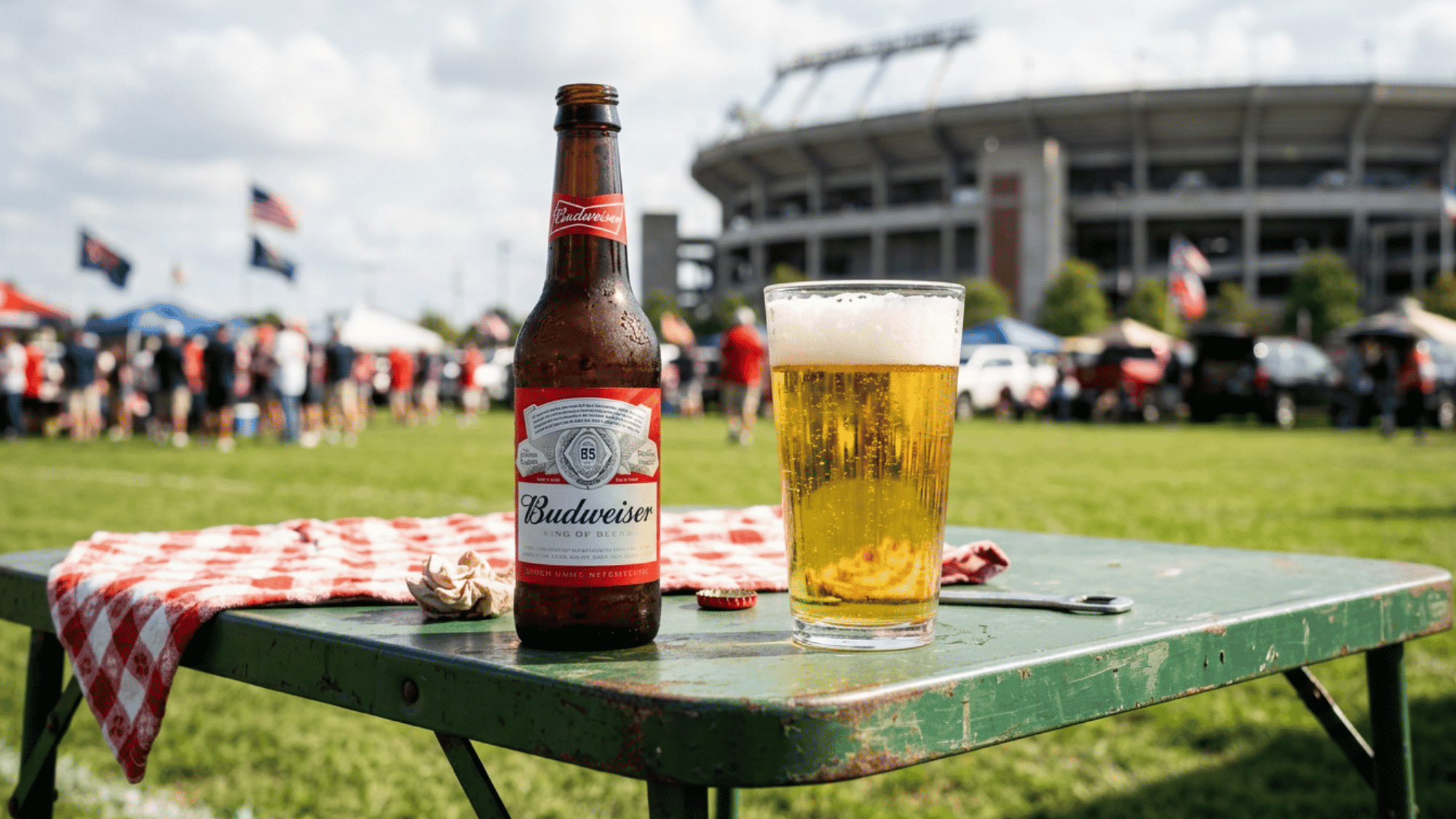 Budweiser bottle and pint glass on a tailgate table with stadium backdrop