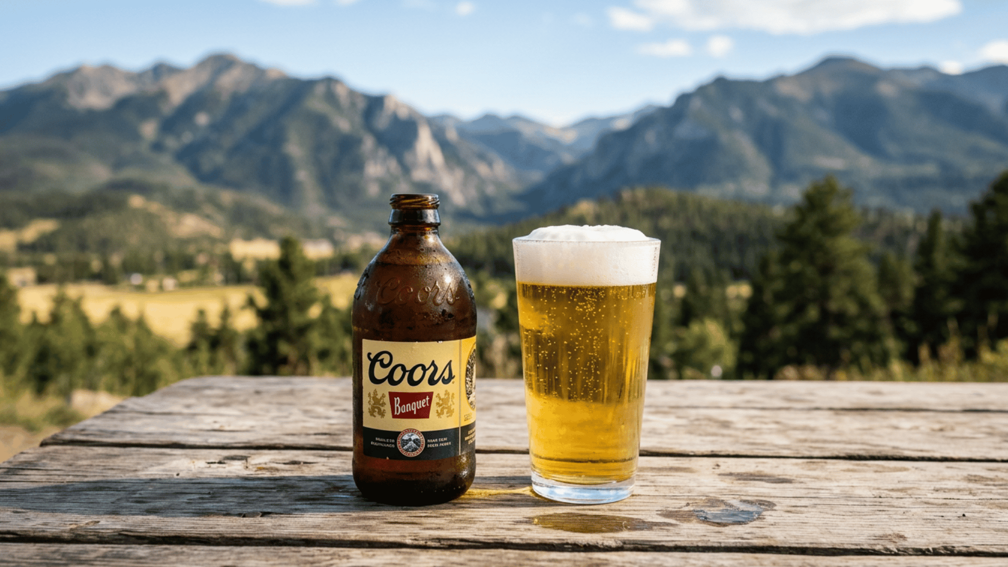 Coors Banquet bottle and pint glass on wood table with mountain backdrop