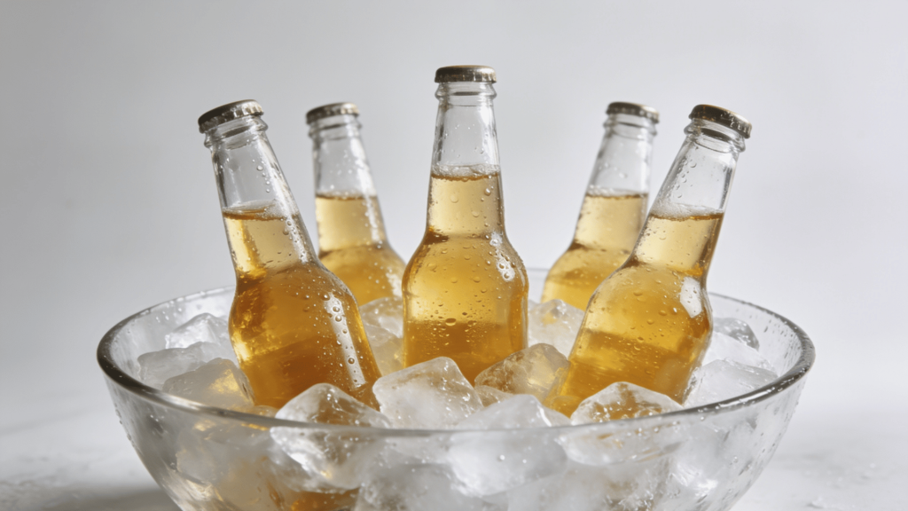 Transparent glass beer bottles filled with golden beer, placed in a bowl of ice with condensation.