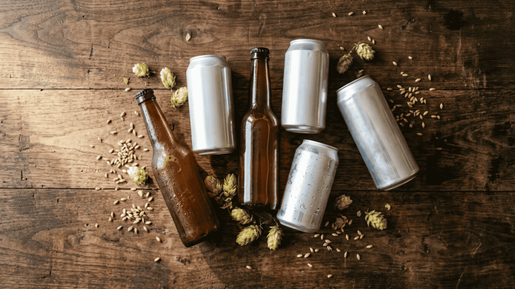 Assortment of beer bottles and cans arranged on a wooden surface with hops scattered around