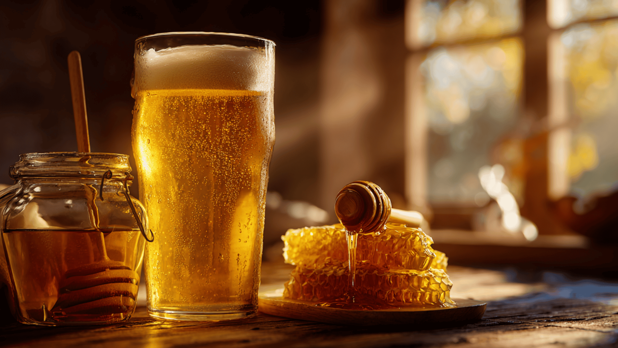 A glass of golden honey beer next to a wooden honey dipper dripping with fresh honey, set against a warm, rustic background.