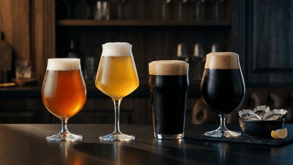 Four different types of craft beer served in a row on a sleek, dark bar table, showcasing a spectrum of colors from pale gold and bright amber to deep brown and rich black stouts, with a small bowl of oyster shells visible on the side.