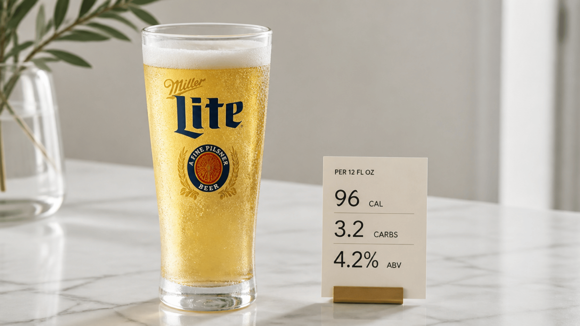A glass of miller lite with a nutritional breakdown card showing calories, carbs, and ABV on a white marble surface.