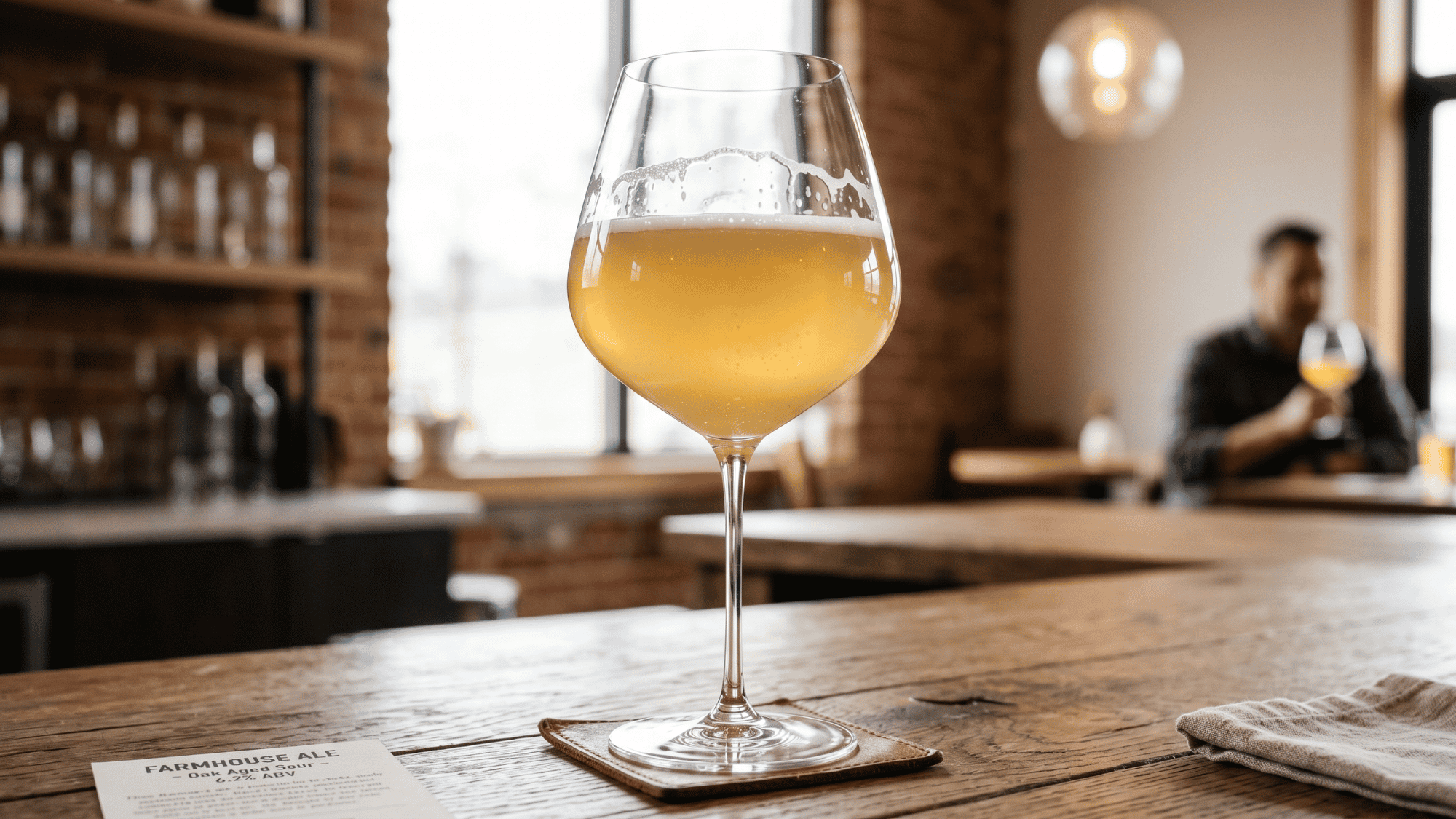 Close-up amber beer in a tulip glass on bar counter in modern brewery pub