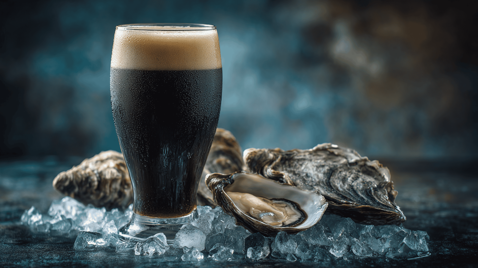 A pint glass filled with a dark, rich oyster stout beer featuring a creamy tan head, displayed alongside fresh whole oyster shells on a rustic table.