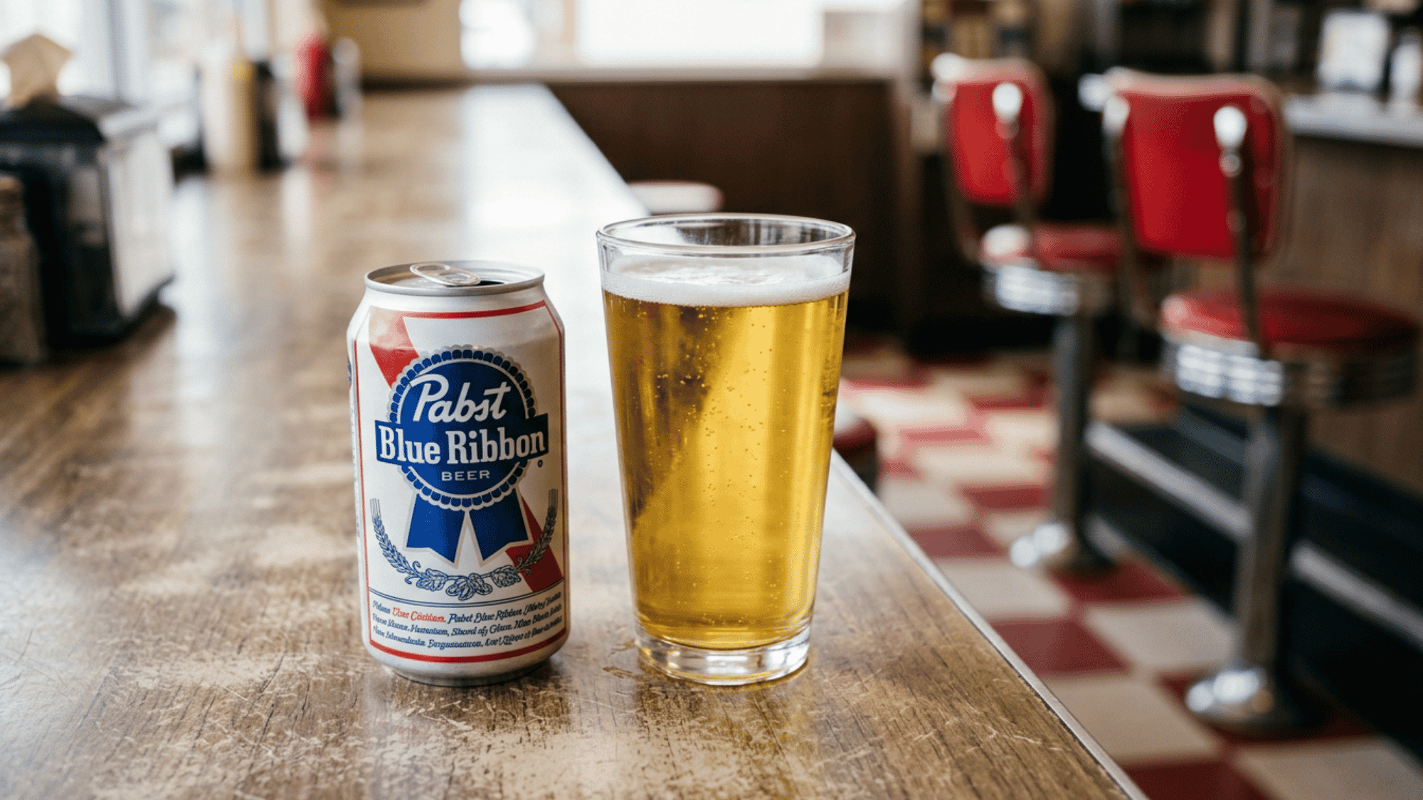 Pabst Blue Ribbon can and pint glass on a vintage diner countertop