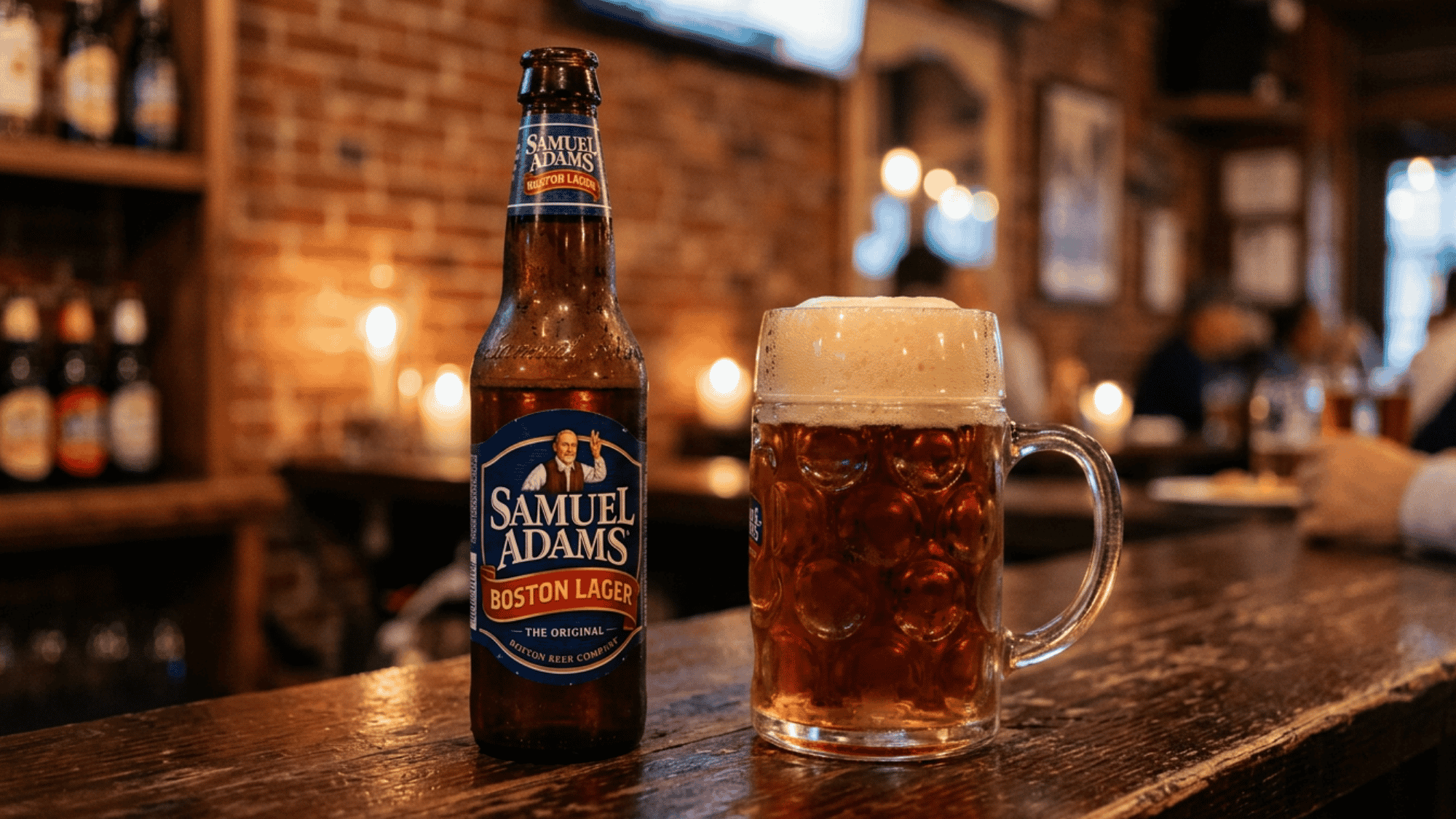 Samuel Adams Boston Lager bottle and mug on a dark wood pub counter
