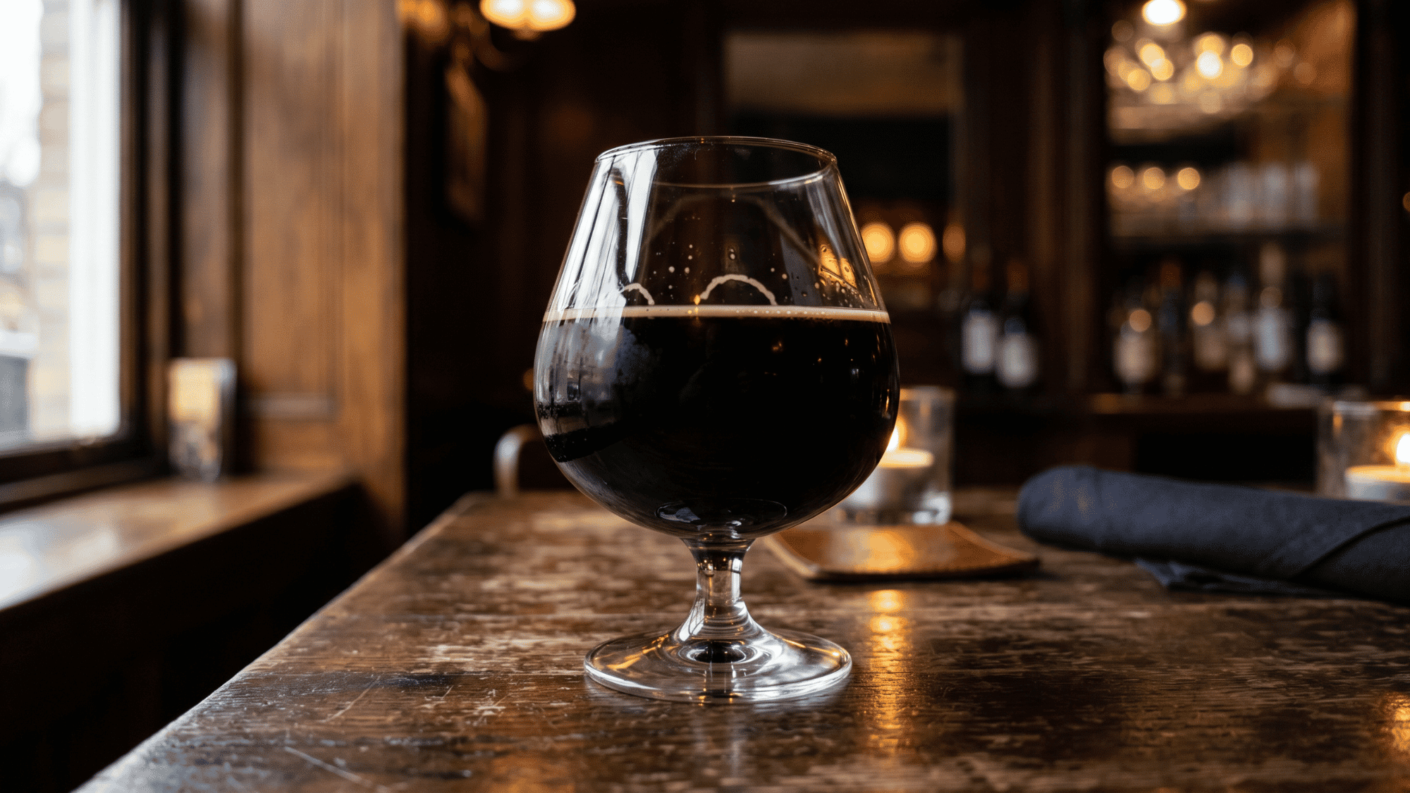 Close-up snifter glass of dark beer with foam in cozy pub bar interior