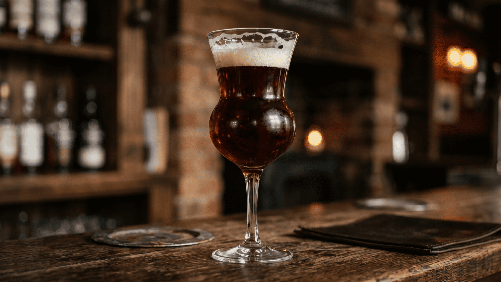 Dark amber beer in elegant snifter glass on rustic bar counter in cozy pub interior.