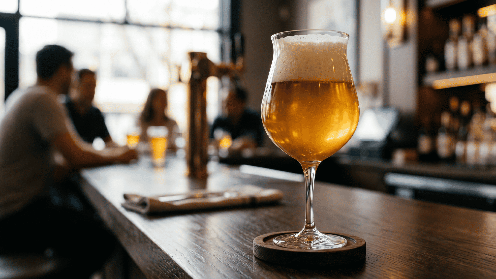 Close-up tulip-shaped beer glass filled with golden craft beer on wooden bar table