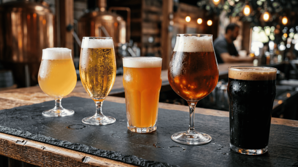 Assorted beer glasses showcasing different styles and beer colors in a premium bar setup scene