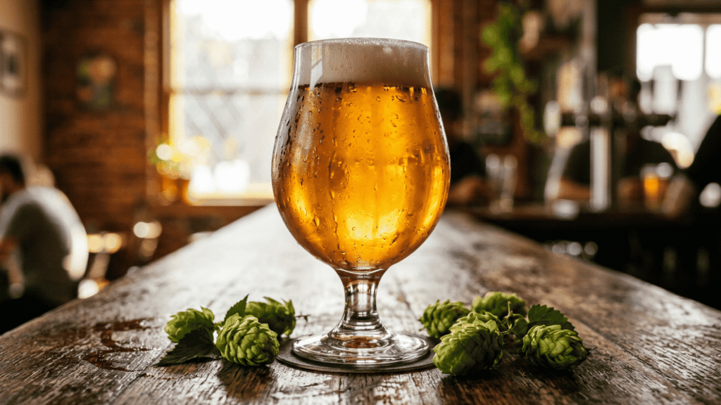 A glass pint of amber-colored West Coast IPA with a frothy white head, positioned on a bar top against a warm, dimly lit brewery background.
