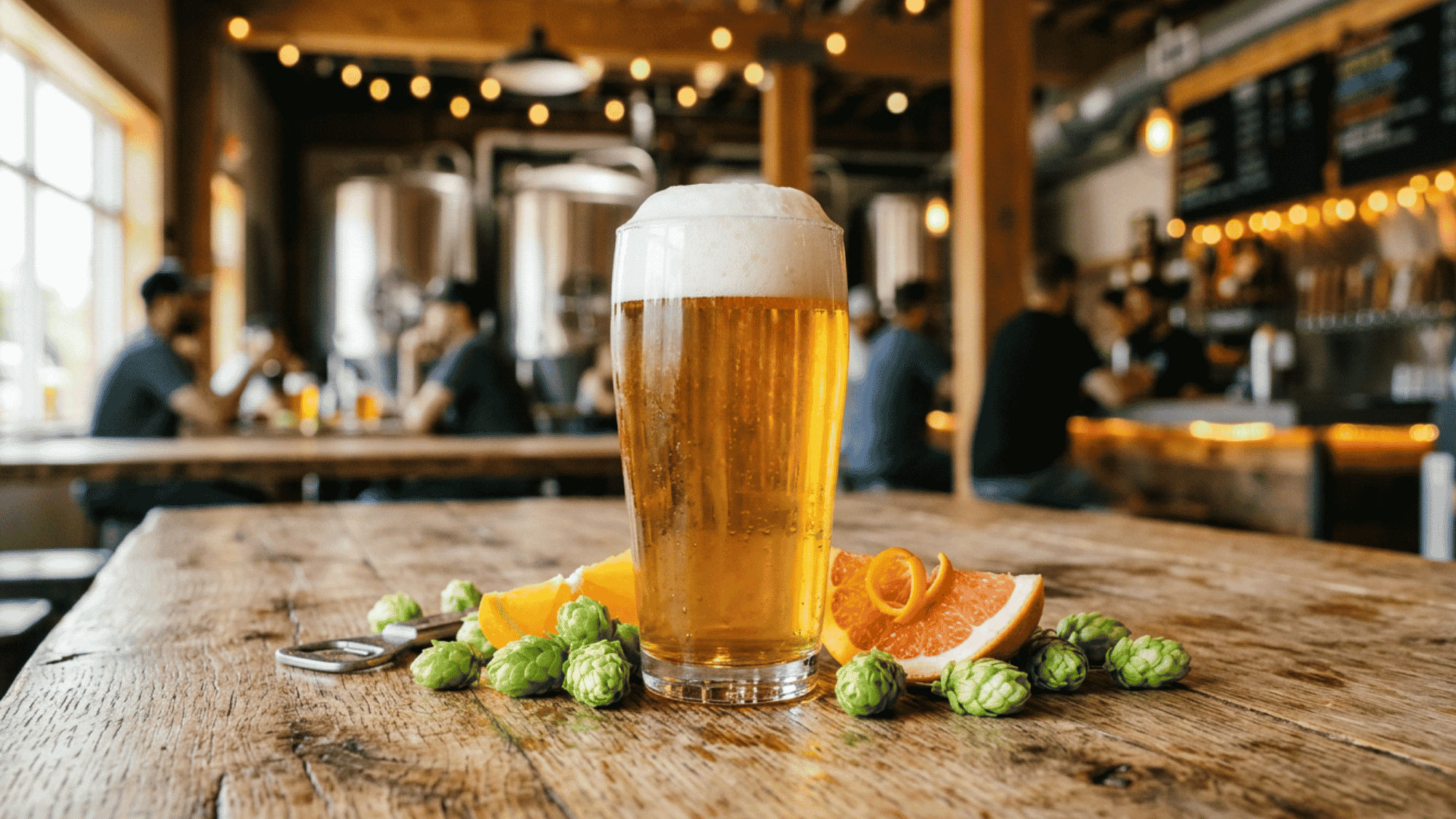 A crystal-clear glass of golden West Coast IPA beer with a thick white head, sitting on a bar next to fresh green hop cones.