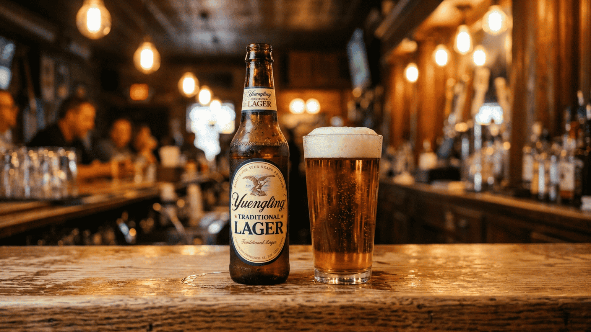 Yuengling Traditional Lager bottle and pint glass on a warmly lit bar