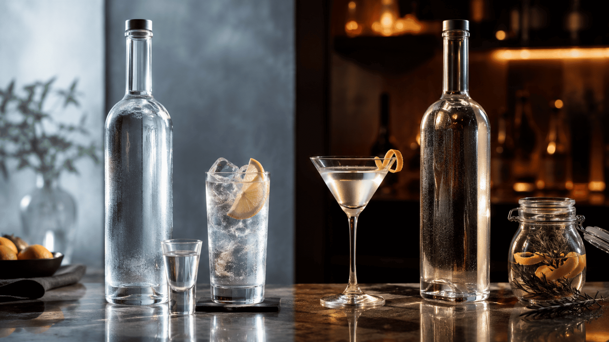 Two vodka bottles beside a vodka soda and a martini glass on a marble surface