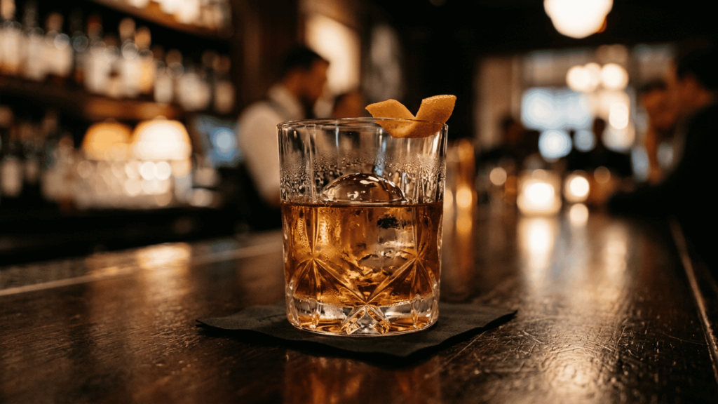 Bourbon cocktail with orange peel on a warm wooden bar counter