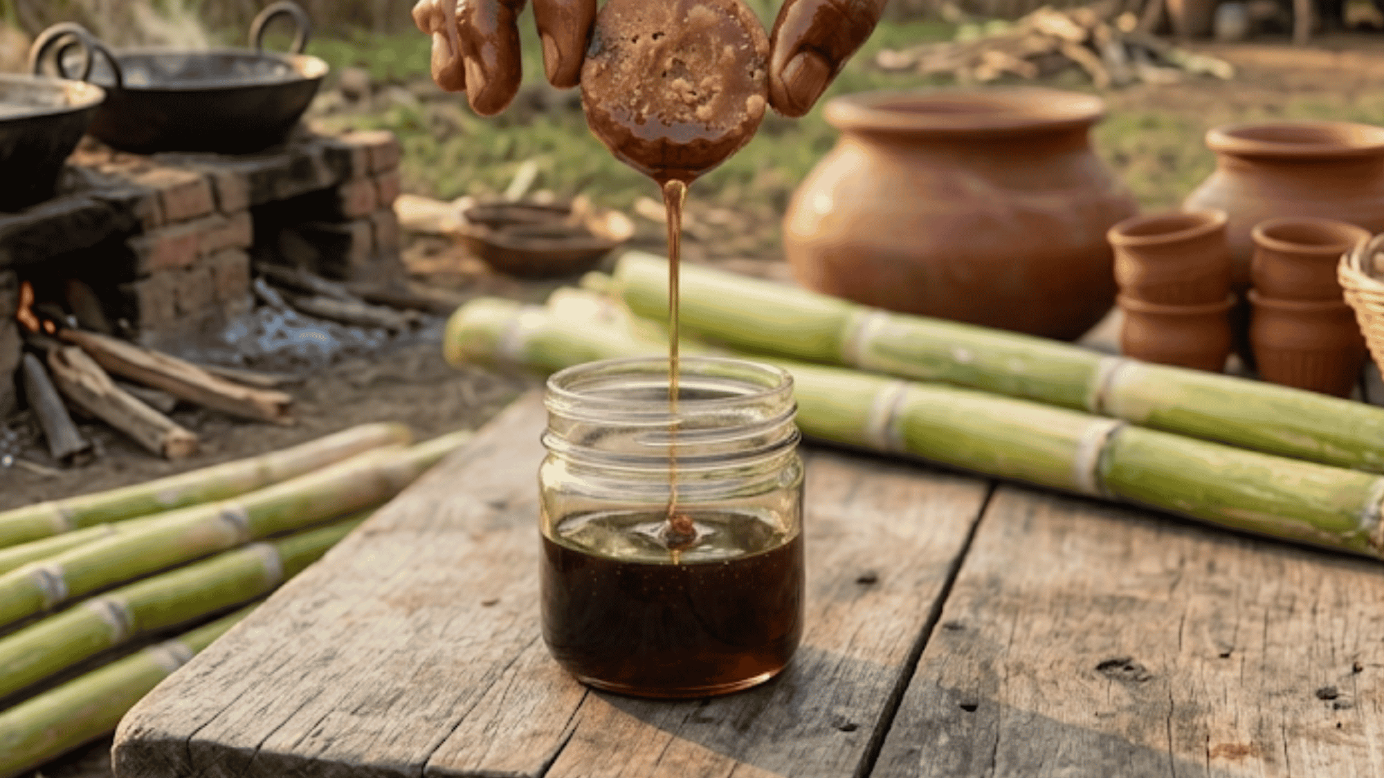 Golden cane syrup in a glass jar with sugarcane stalks placed on a wooden table nearby