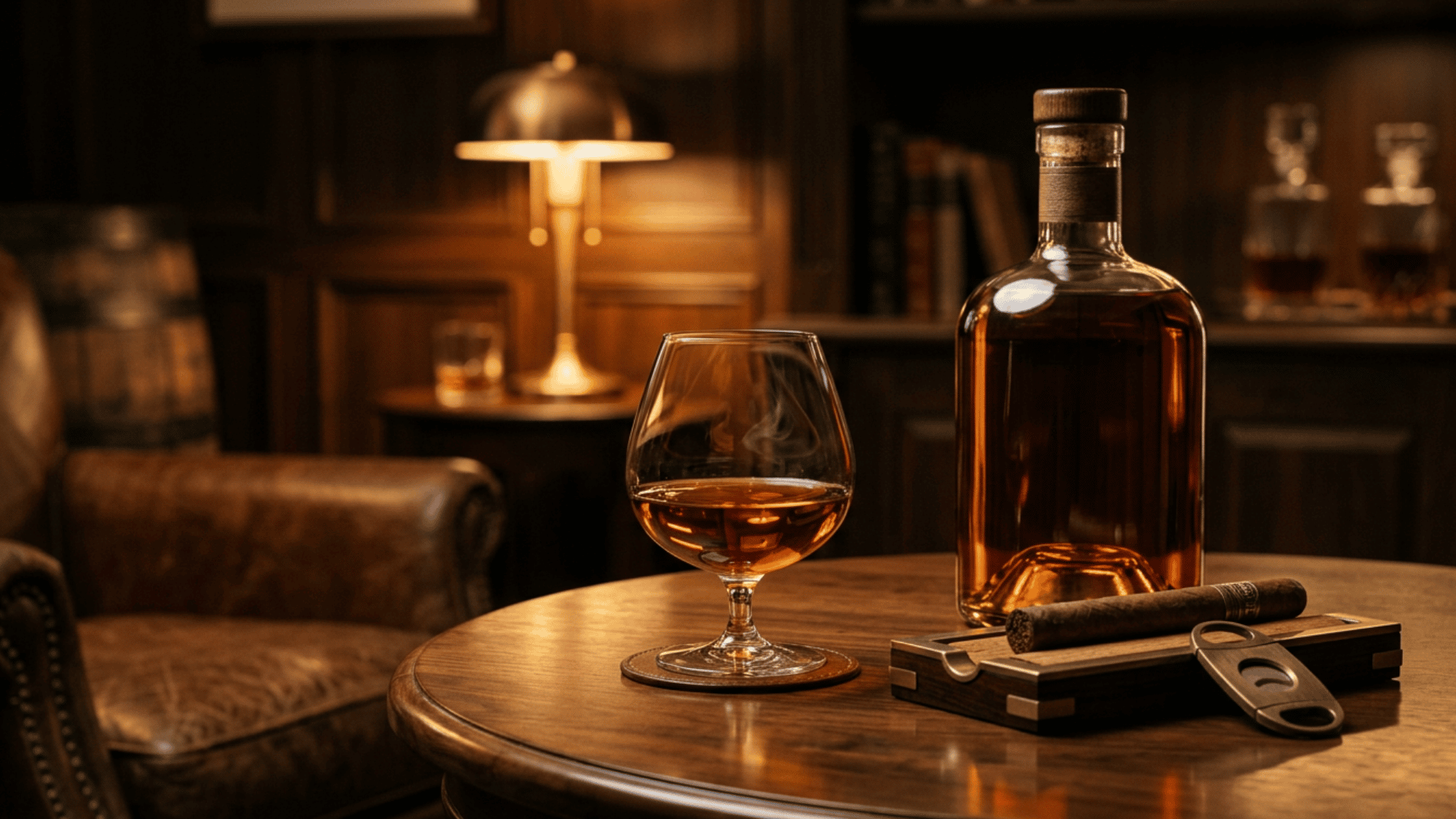 Cognac bottle and glass on wooden table in warm, elegant bar interior