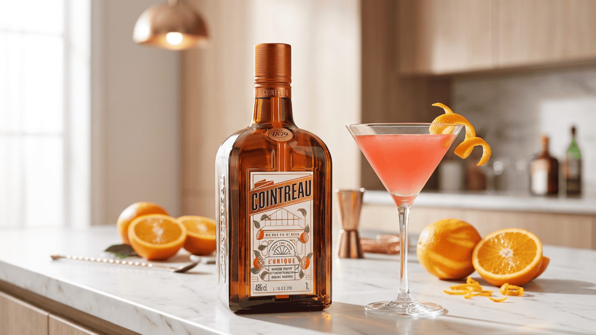 Bottle of Cointreau beside a pink cocktail garnished with orange peel and fresh oranges.