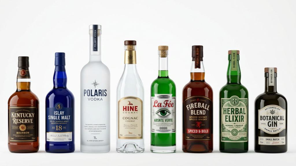 Eight premium spirit bottles in a straight row against a white background in studio lighting