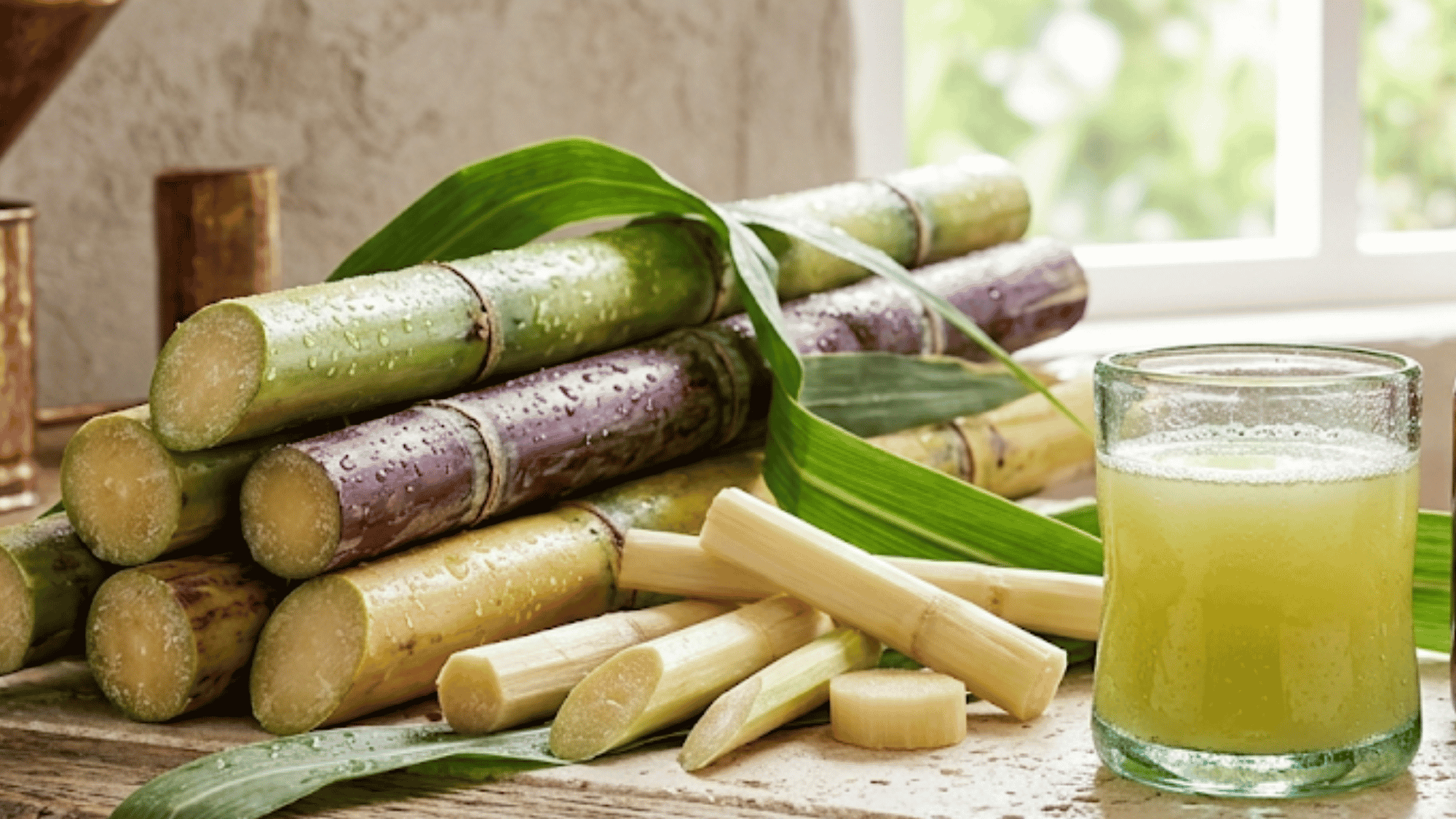  Fresh sugarcane stalks being pressed into raw green juice at a tropical farm in daylight