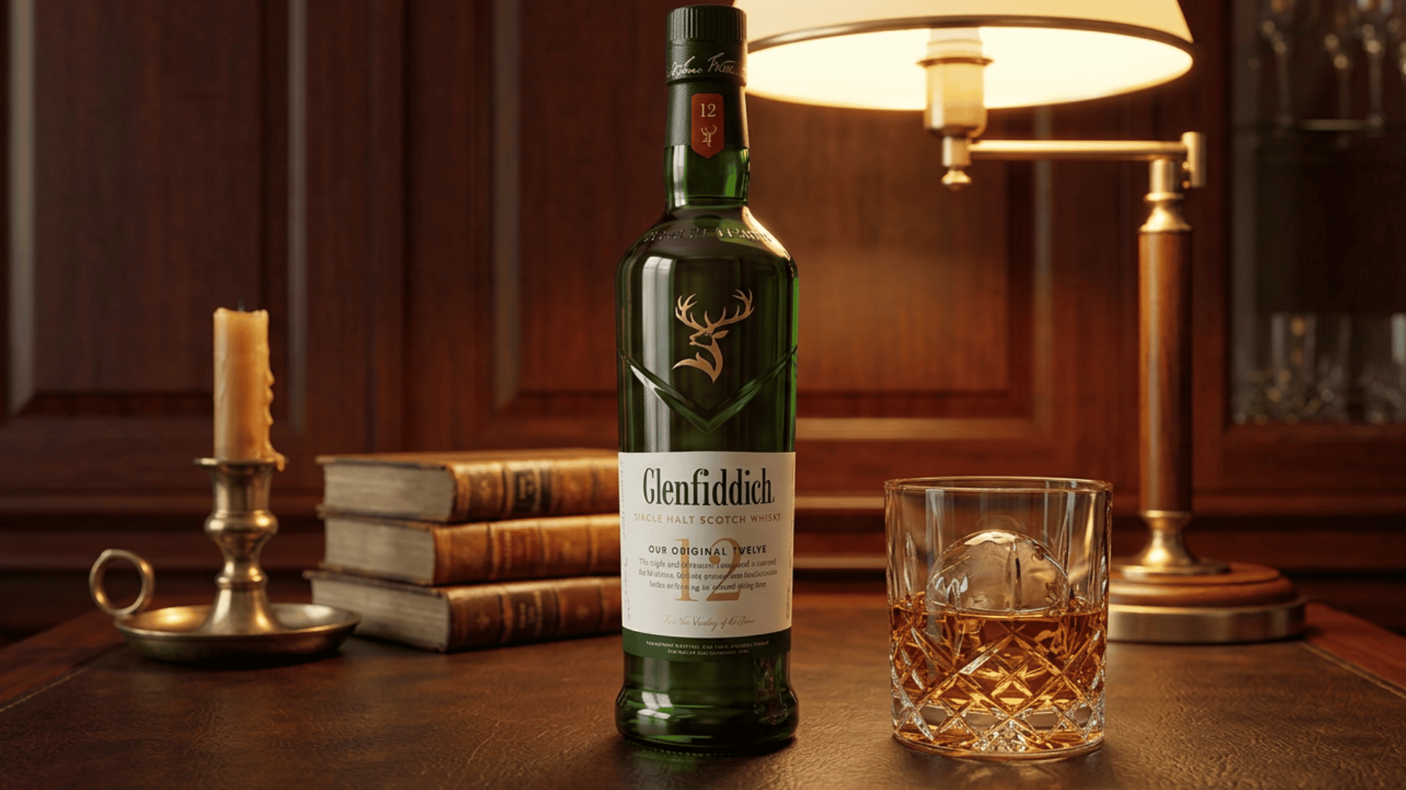Crystal old fashioned glass with amber bourbon beside a whiskey bottle by firelight