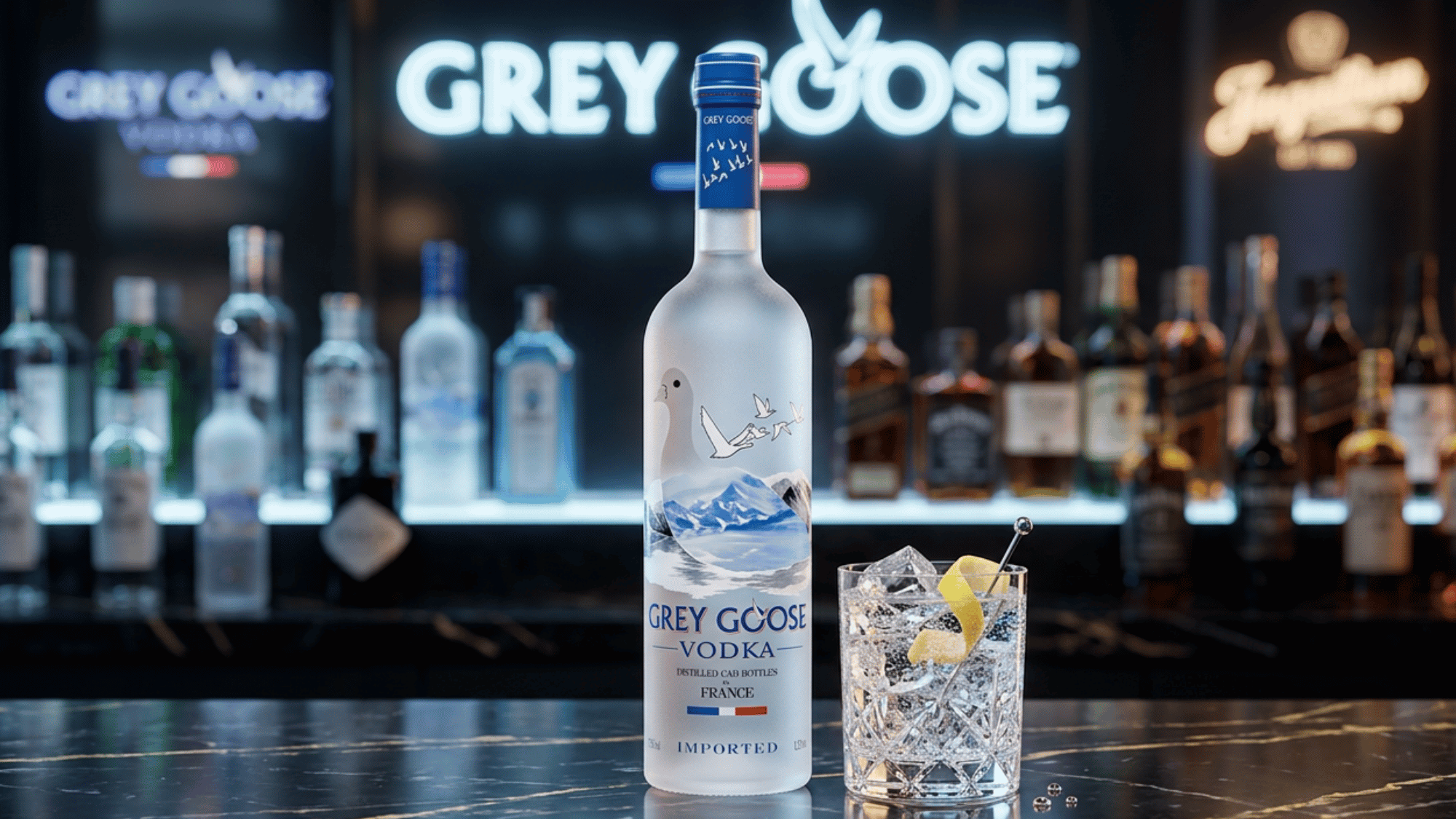 Frosted premium vodka bottle with crystal shot glasses and ice on a black granite bar