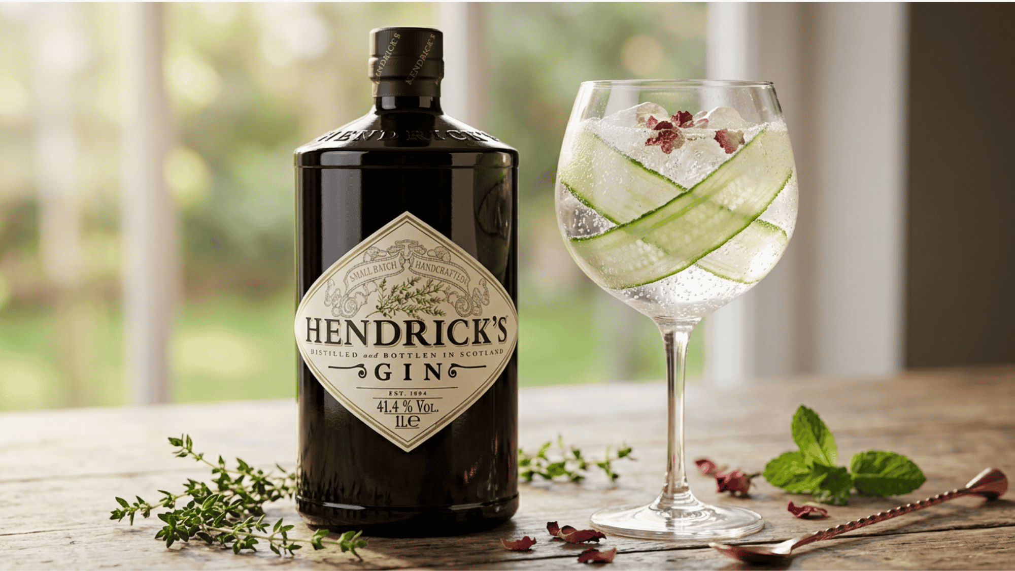 Balloon gin glass with cucumber and botanicals beside a premium gin bottle on dark wood