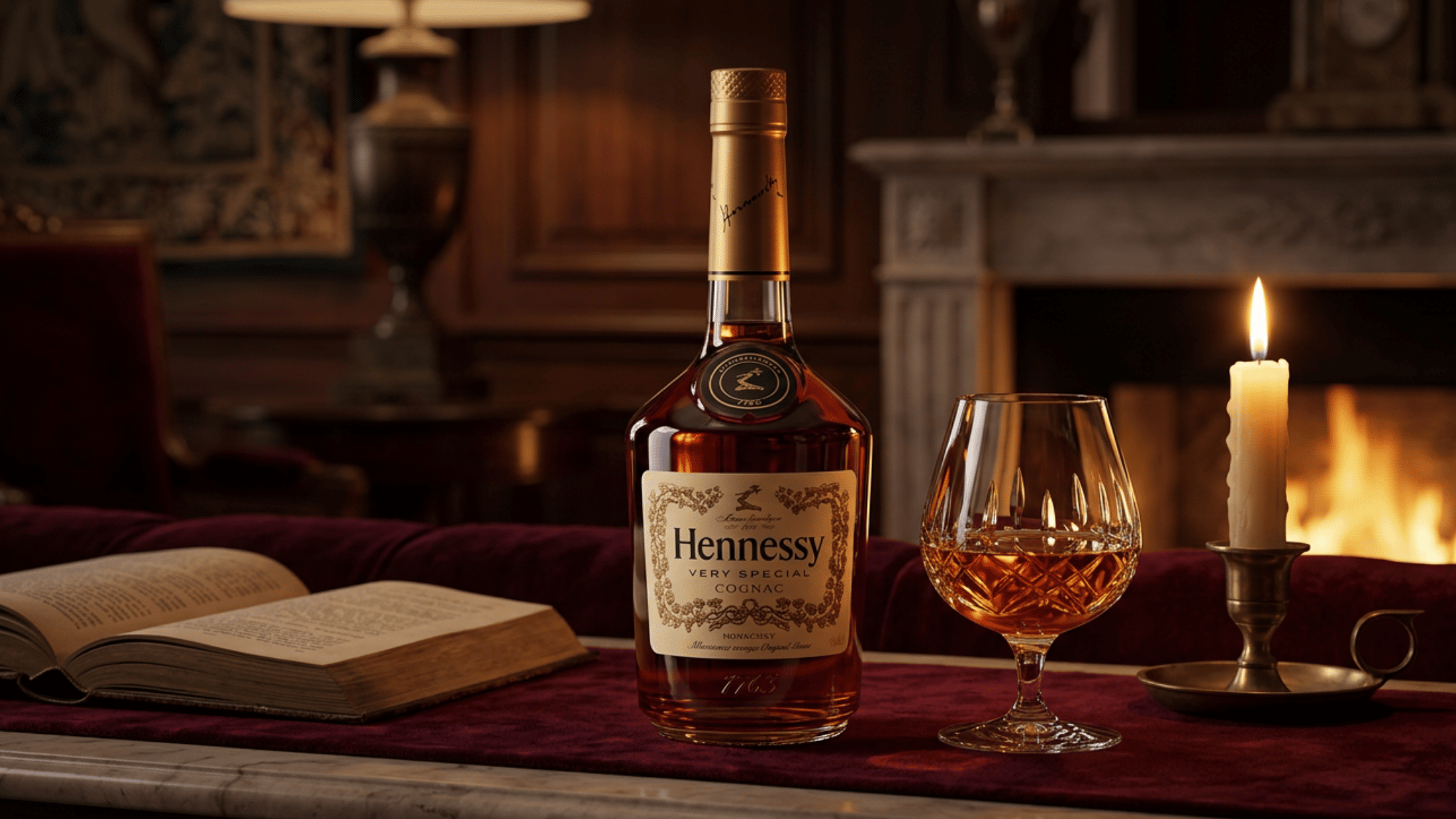 Crystal brandy snifter with deep amber Cognac beside a VSOP bottle on dark walnut