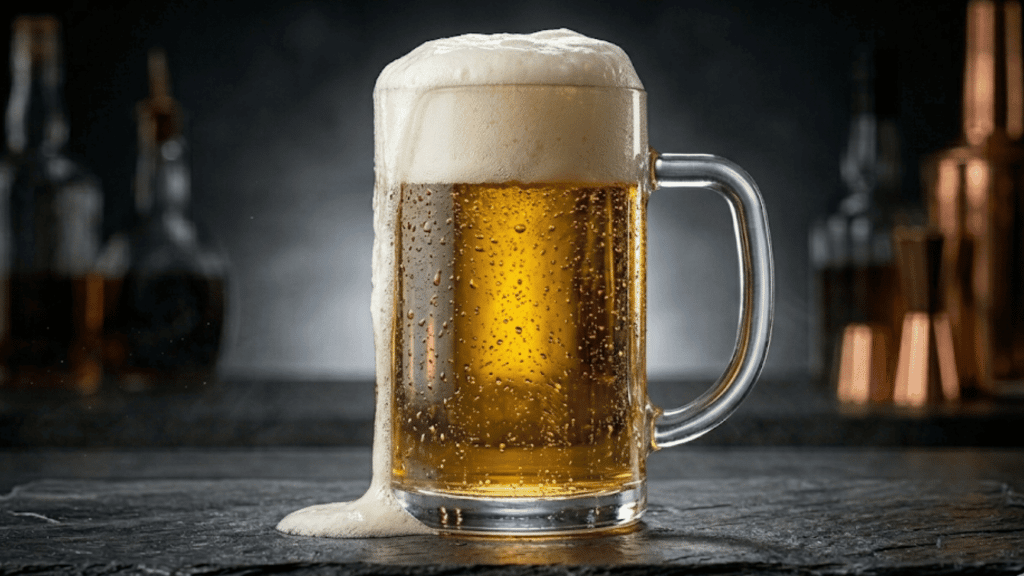 A chilled glass mug filled with golden non-alcoholic beer topped with a foamy white head.