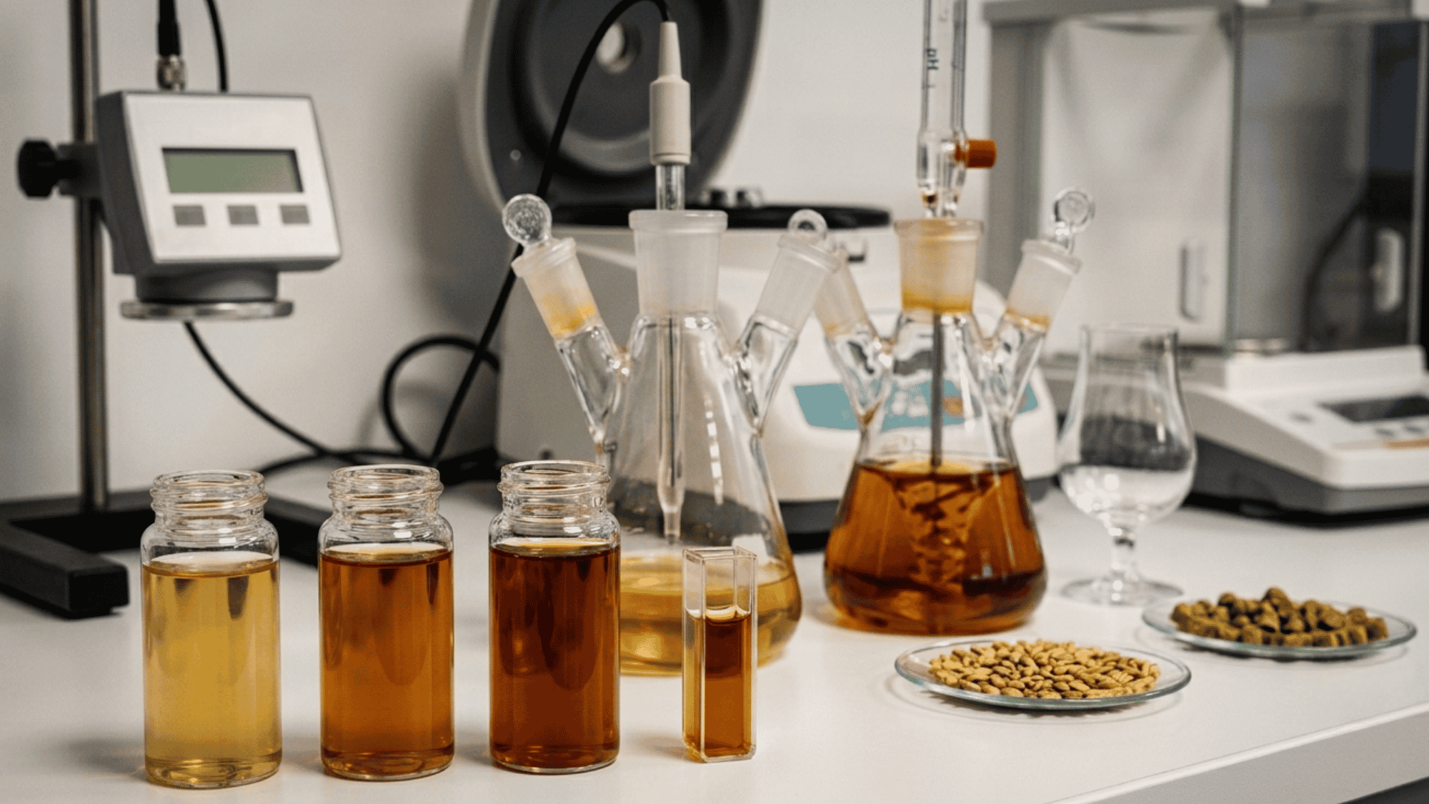 Glass vials and lab equipment used for beer analysis and fermentation testing on a white surface.