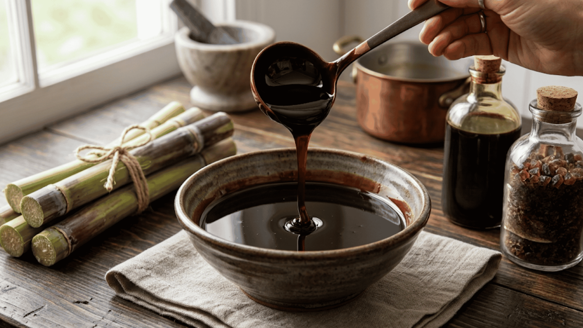 Close-up of thick dark molasses syrup poured from a jar onto a white surface in natural light