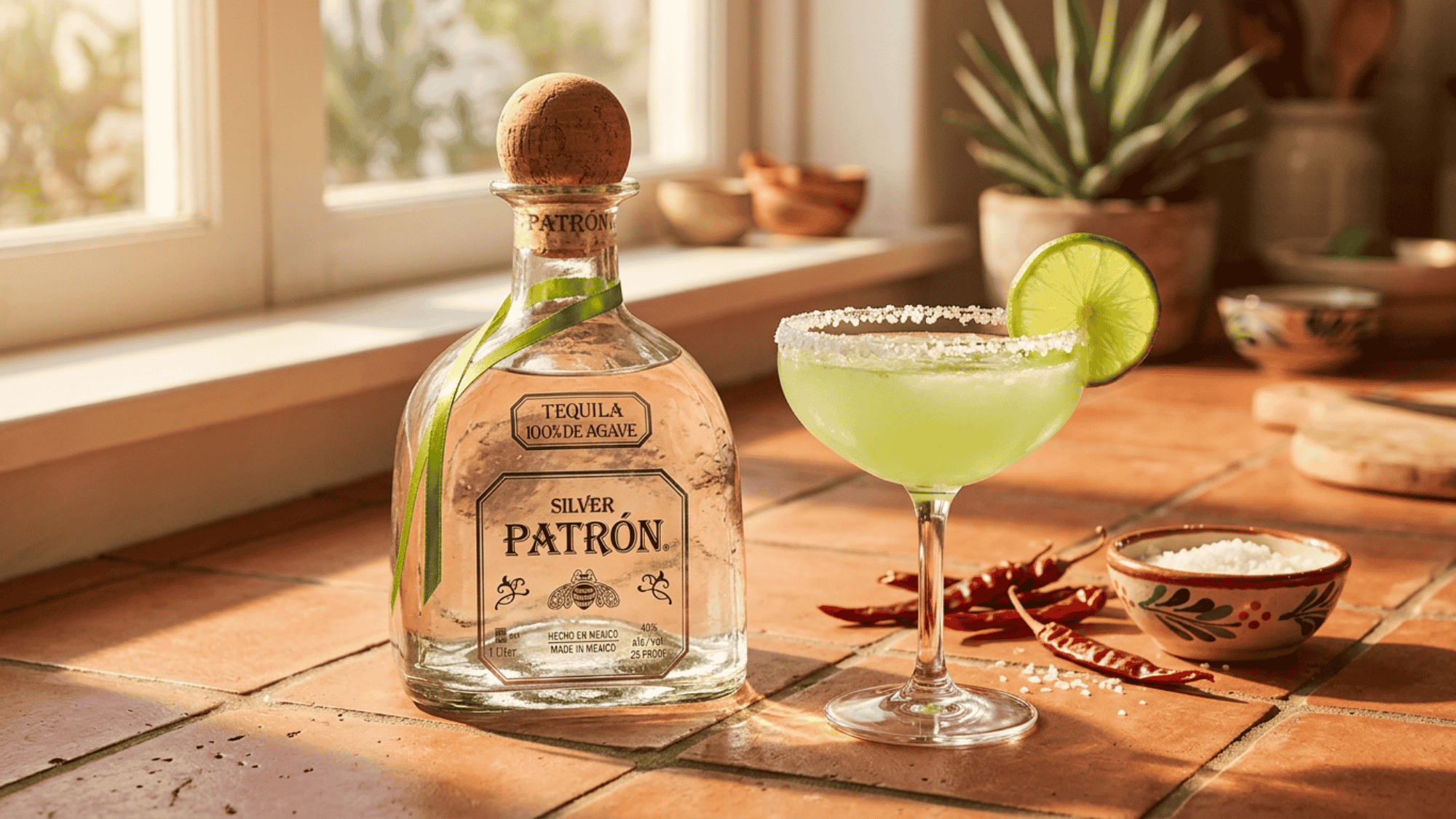 Salt-rimmed margarita glass with Reposado tequila bottle on traditional Mexican tile surface