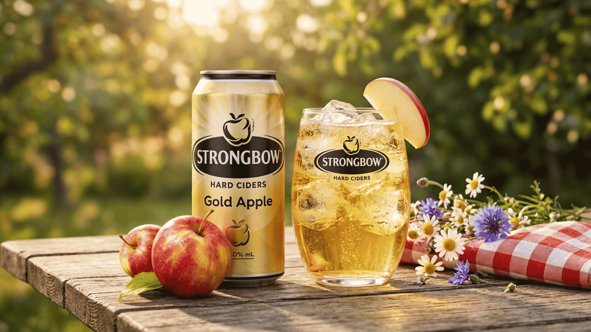 Cider bottle, seltzer can, and alcopop on a white table with crushed ice and fruit slices