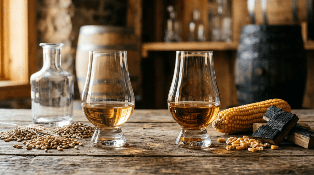 Two whiskey tasting glasses with grains, corn, and charred oak on a rustic wooden table.
