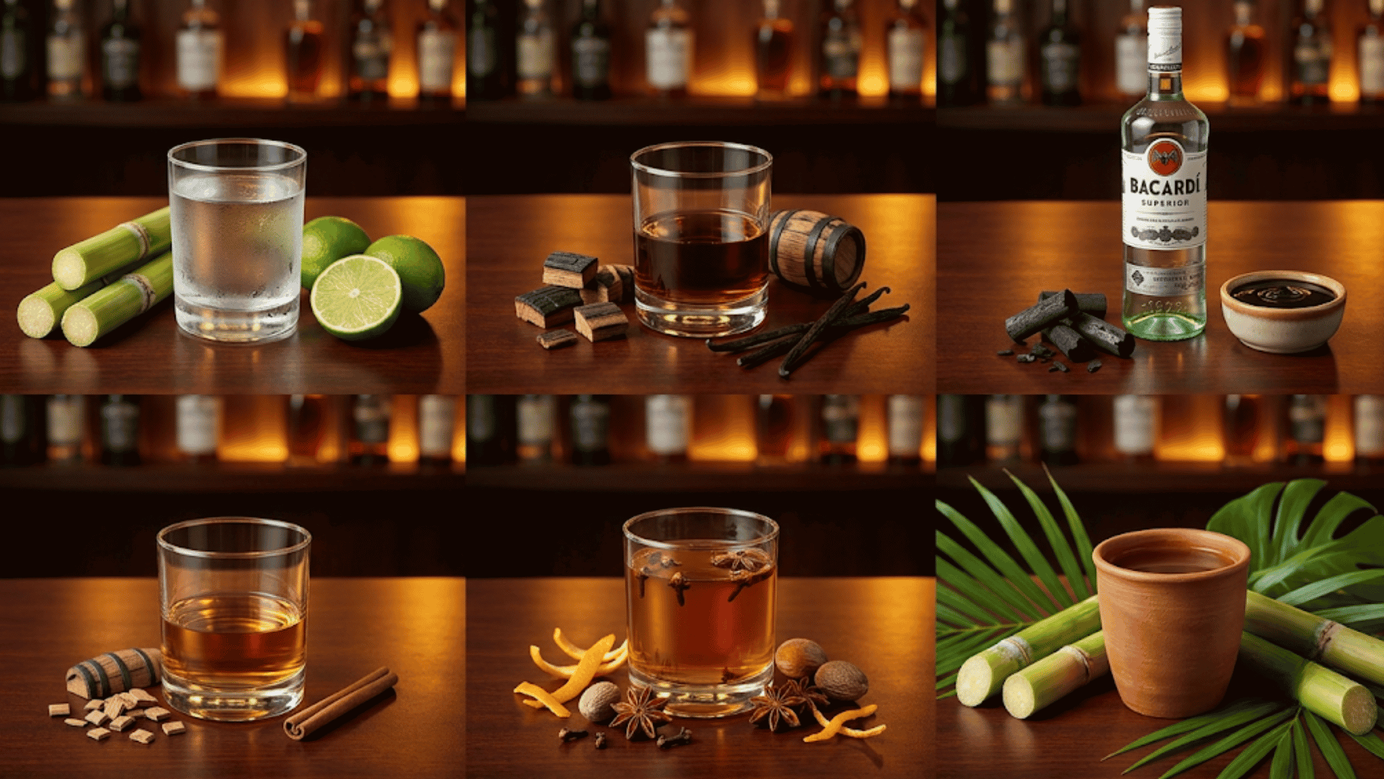 A side-by-side collage of six rum types on a dark bar counter with warm amber and golden backlighting.