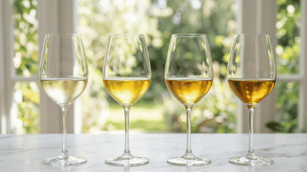 Four glasses of white wine showing different types for a wine selection