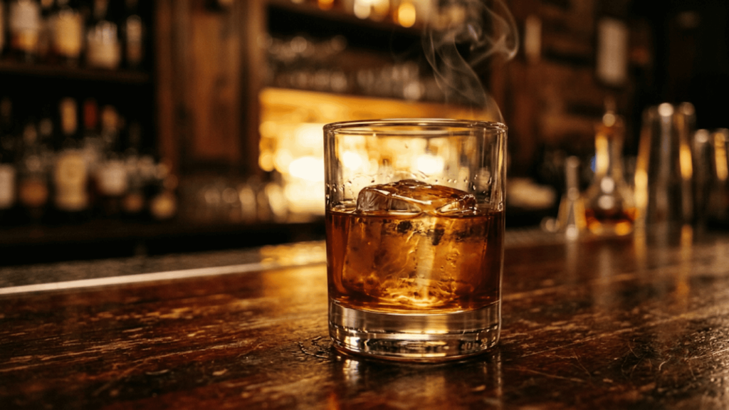 A glass of amber rum with a round ice ball on a wooden table overlooking a tropical Caribbean coastline.