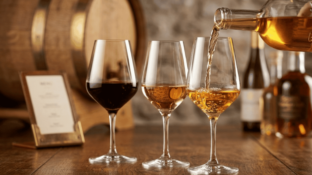 Three wine glasses filled with red, rosé, and white wine on a wooden table near a barrel.