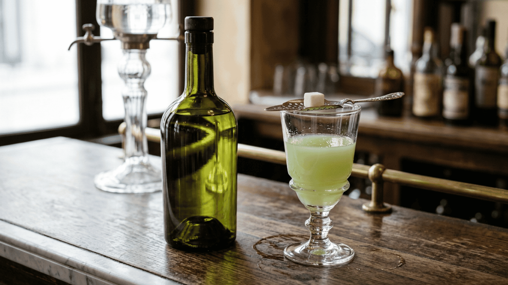 Bottle of absinthe beside a glass of diluted green absinthe with spoon and sugar cube on a bar.