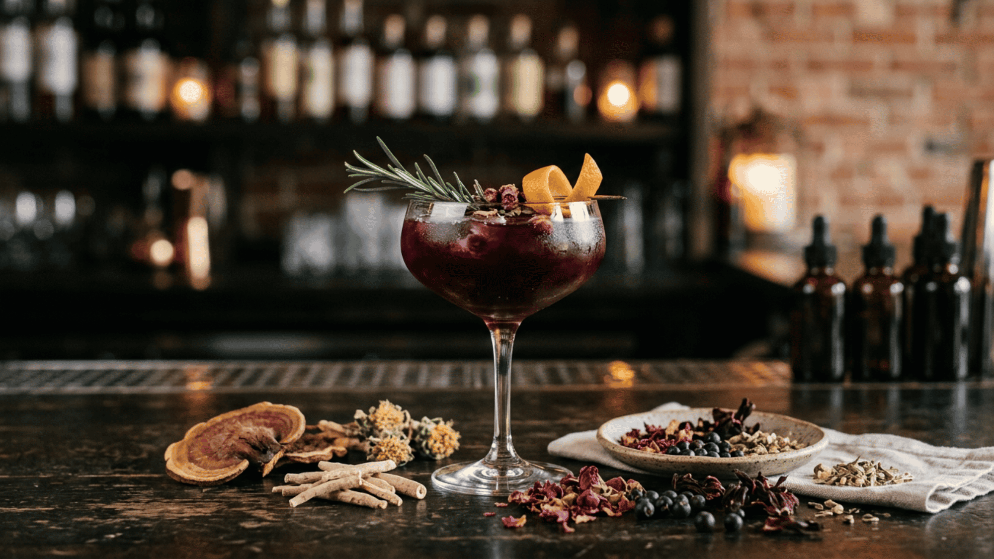 Adaptogen cocktail in a coupe glass with dried herbs and roots on a bar top