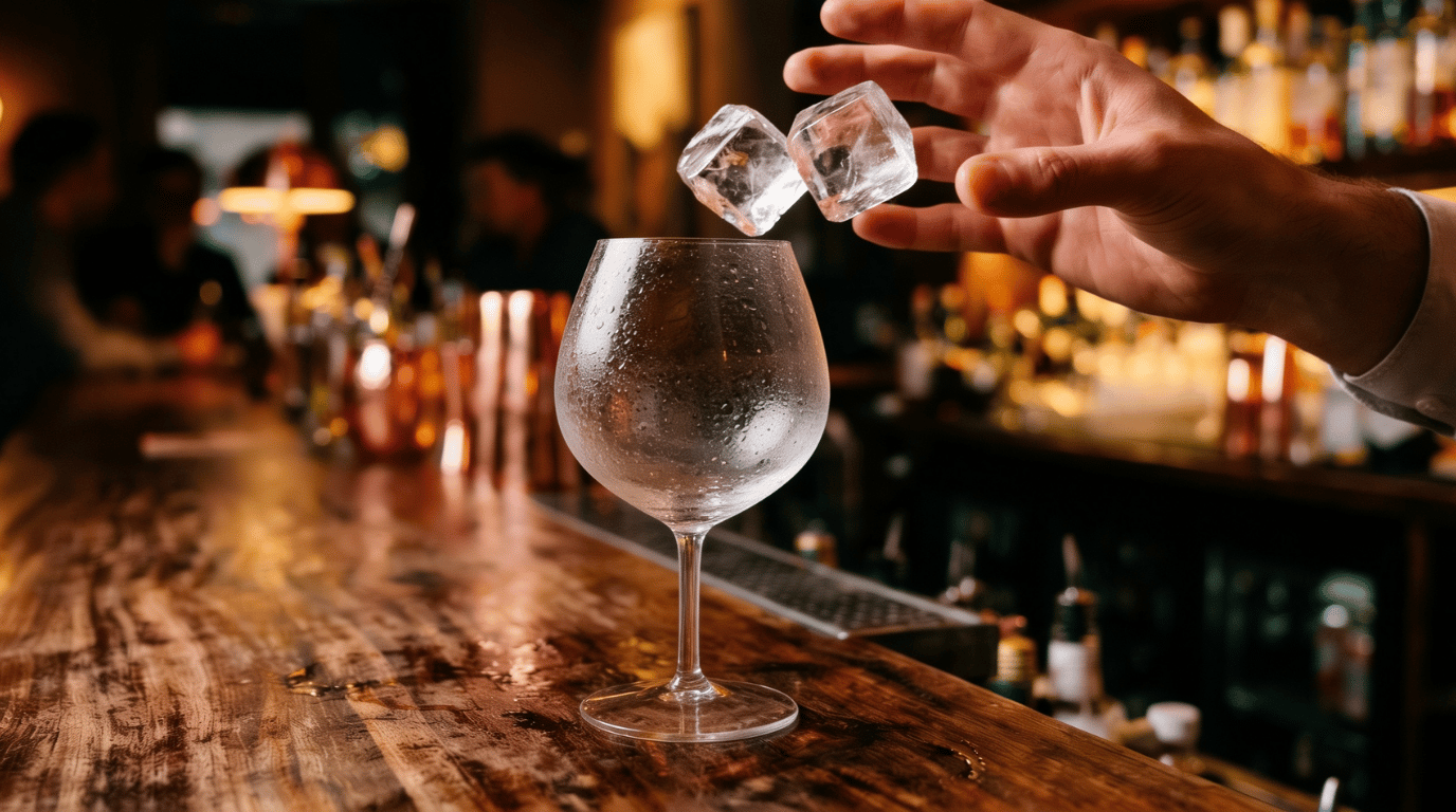 A hand drops two large clear ice cubes into an empty balloon wine glass resting on a dark wooden bar counter.
