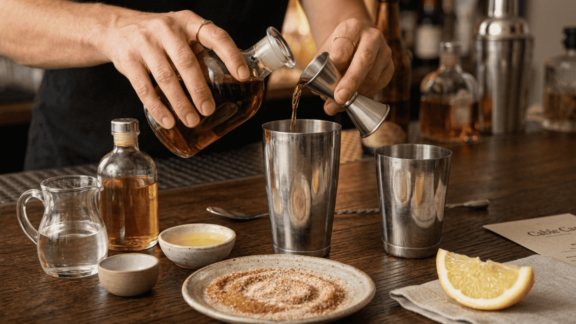 Pouring liquid cocktail ingredients into a cocktail shaker filled with ice.