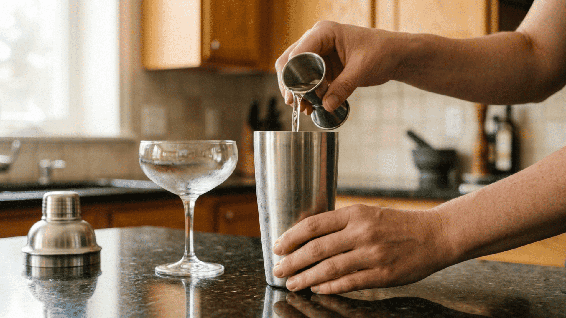 hands pouring clear spirit from a jigger into a stainless steel shaker