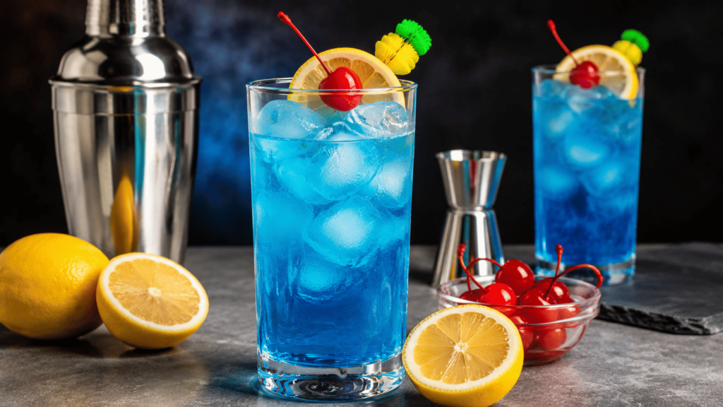 Adios Motherfucker cocktail in a tall glass with ice, lemon, cherries, and bar tools.