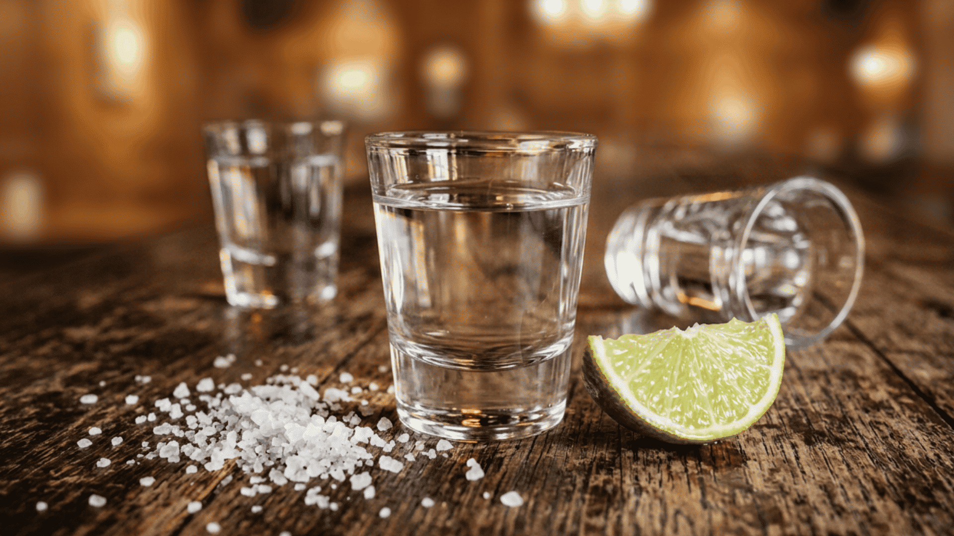 Golden aged tequila glass on stone with agave leaves.
