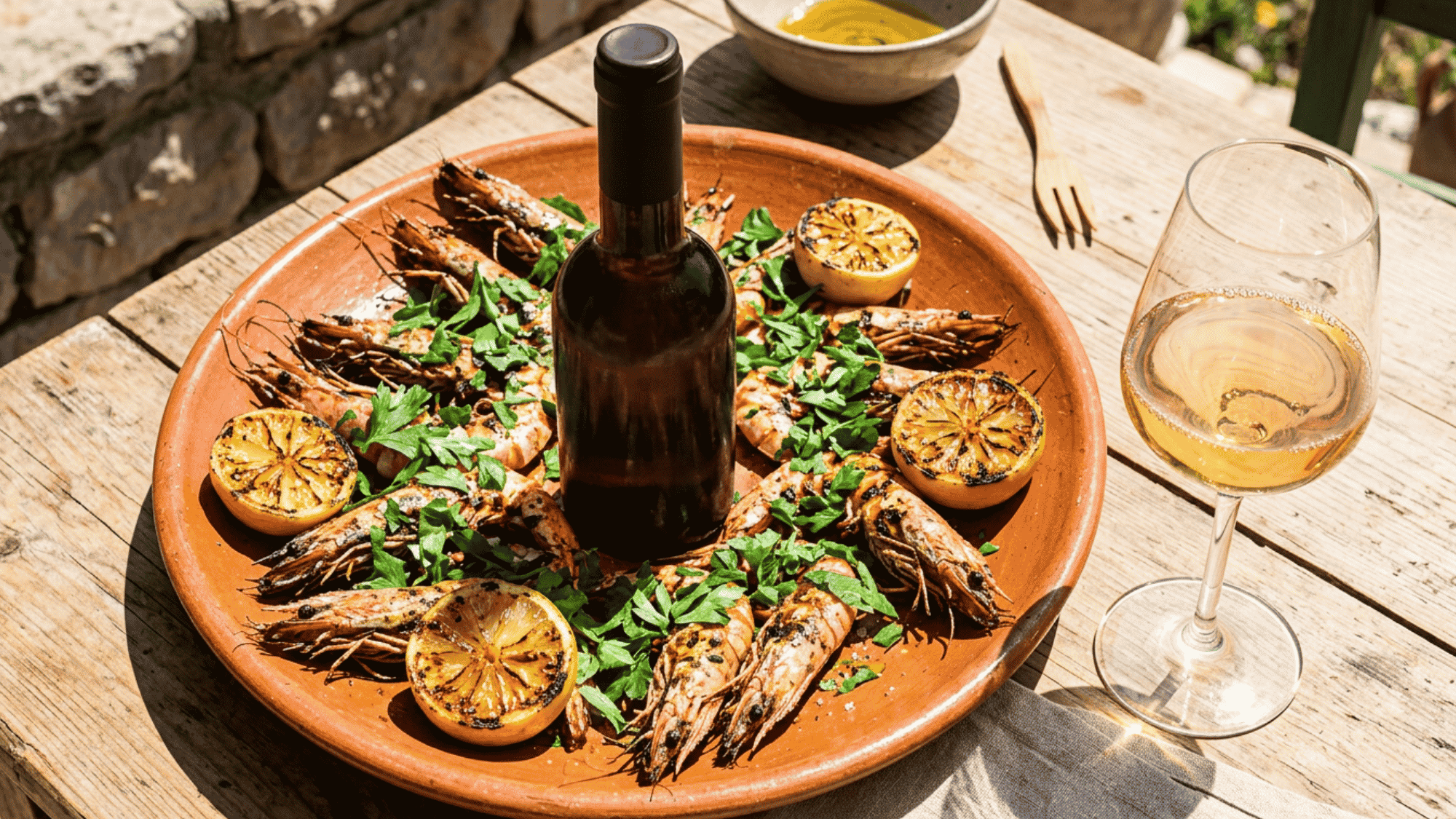 Bottle of Albariño with grilled prawns, charred lemons, herbs, and a glass of white wine